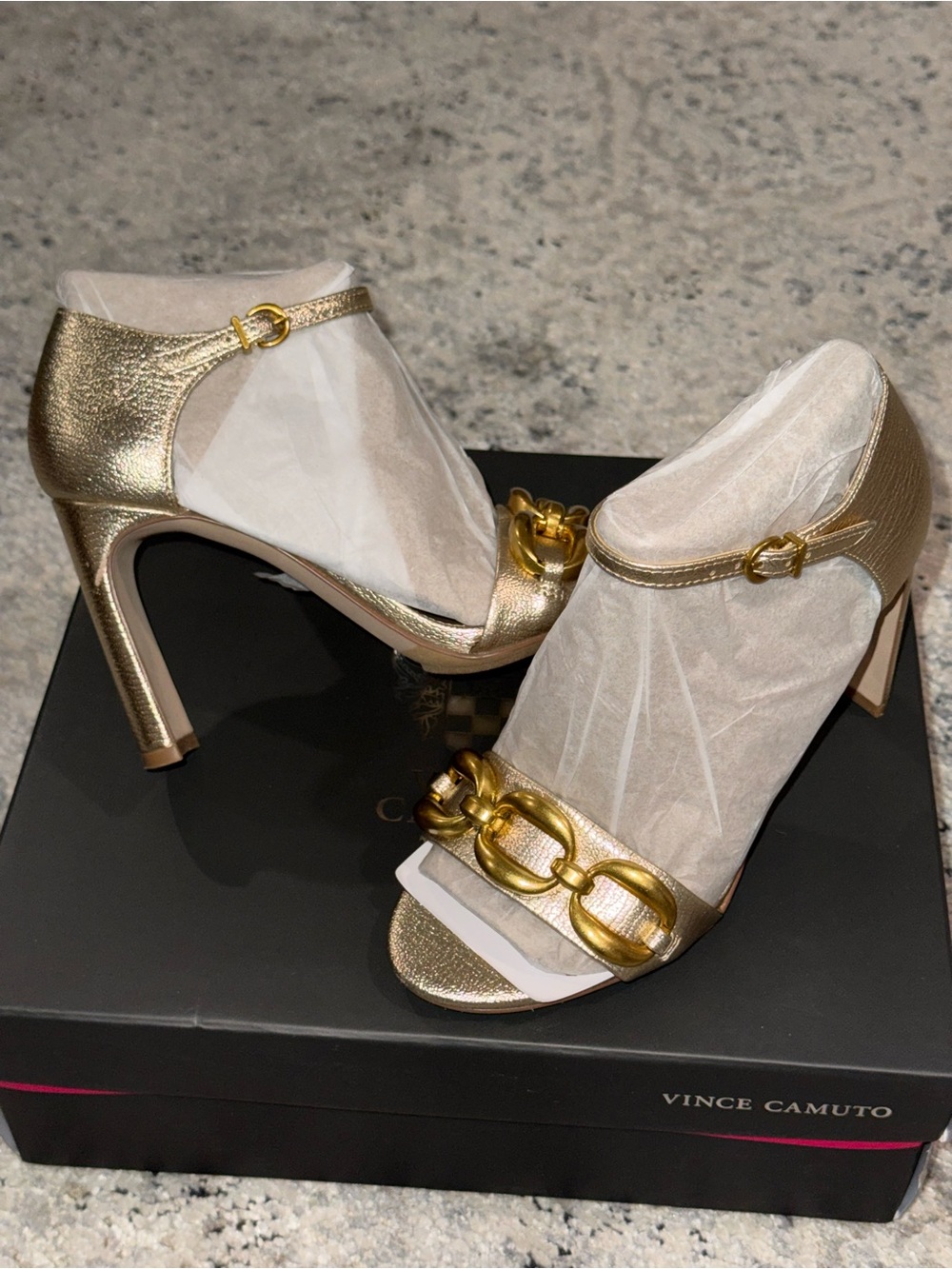 Vince Camuto Metallic Gold Chain-Link High Heel Sandals